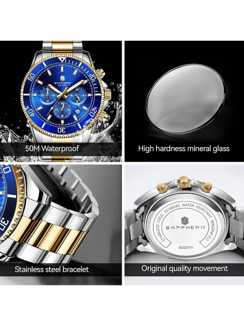 Men's Gold Silver Strap Blue Chronograph Stainless Steel Waterproof Wrist Watch